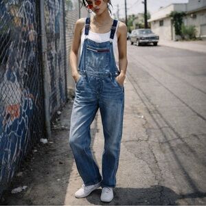 VINTAGE 90s Y2K TOMMY HILFIGER Spellout Strap Denim Overalls